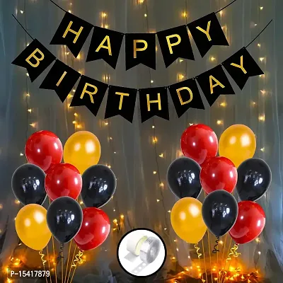 PARTY MIDLINKERZ Happy Birthday Decoration Set - 54Pcs Combo Pack - Birthday Banner, Heart Foil Ballons, Metallic Balloon, Led Lights Birthday Decorations Items For Husband Or Wife, Red  Black-thumb0