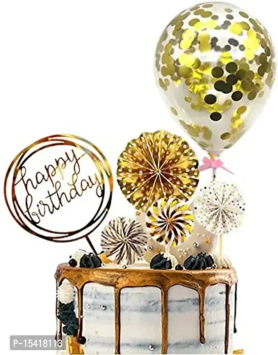 PARTY MIDLINKERZ Happy Birthday Cake Topper 6Pcs With Golden Confetti Rubber Balloons,Fans And Bday Cupcake Toppers For Kids Boy'S Girls Adults Husband Women Special Decorations Items.