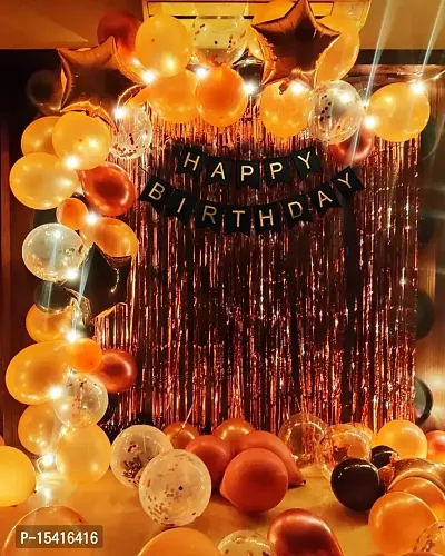 Ro Gold Birthday Decorations Items With Led Lights 69Pcs Happy Bday Confetti Rubber Balloons Black Banner Foil Curtain Star Foil Balloons For Celebration Balloon Item Kit Combo