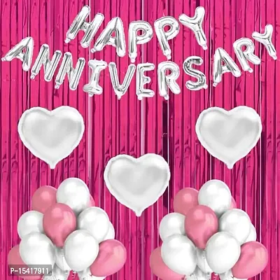 PARTY MIDLINKERZ Happy Anniversary Balloon Banner,Valentines Day (2 Pink Foil Curtain , 16 pc Happy Anniversary Foil , 3 PC Foil Heart , 30 pc Pink  White Ballon )-thumb0