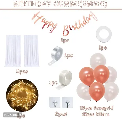 Rosegold Happy Birthday Decoration Item Kit Combo With Led Light  White Curtain-thumb2