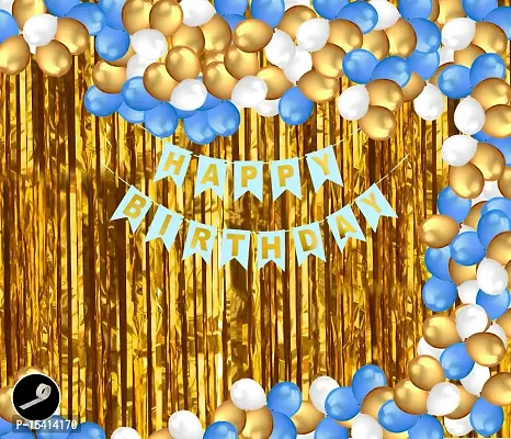 Party Midlinkerz Solid Happy Birthday Balloons Decoration Kit (Happy Birthday Banner, 1 Set of 13 Letters) (Foil Curtains, 2 Pcs, Golden) (HD Metallic Balloons, 30 Pcs, Blue, White  Gold) (Glue Dot Roll, 1 Pcs, White) (Multicolor, Combo, Pack of 34)-thumb0