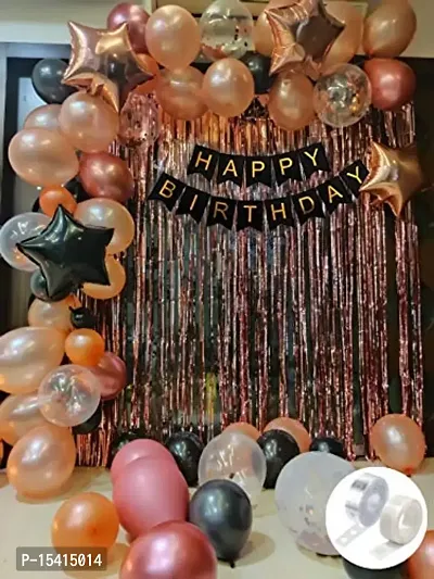 PARTY MIDLINKERZ Rubber Rose Gold Birthday Decorations Combo Black Banner With Confetti Balloons, Star Foil Balloons, Foil Curtain for 1st 18th 21st 25th 50th 60th 30th Decorations - Set of 68