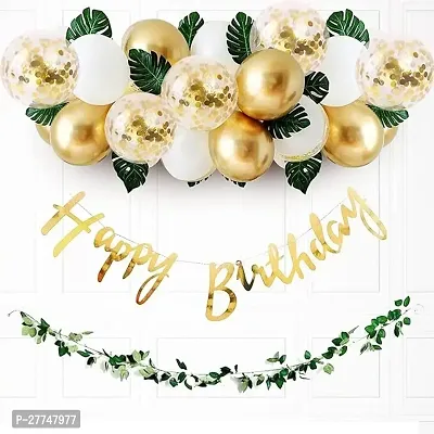 Happy Birthday Decoration Kit With Golden Balloons  Artificial Leaves Confettis-thumb0