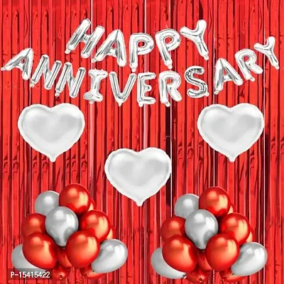 PARTY MIDLINKERZ Happy Anniversary Balloon Banner,Valentines Day Party Decorations (2 Red Foil Curtain , 16 pc Happy Anniversary Foil , 3 PC Foil Heart , 30 pc Red  Silver Ballon )-thumb0