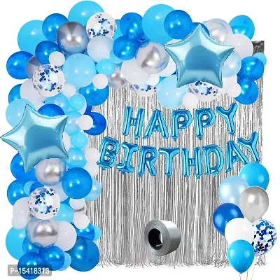 PARTY MIDLINKERZ Blue theme birthday decoration Kit Combo 70Pcs Happy Birthday Banner Foil Metallic Balloon With Foil curtain For Boys, Husband, Kids, Adult, 21st, 25th, 30th, 40th, 50th