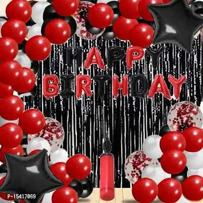 PARTY MIDLINKERZ Happy Birthday Balloon Banner,Valentines Day/Wedding Anniversary Party Decorations ( 41 Pcs Combo, 10Black Balloon, 10 Red Balloon, 13 HBD, 1 Ribbon , 2 Curtain )