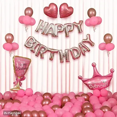 PARTY MIDLINKERZ Birthday Decoration For Girls - 50 Items Combo Kit - Rose Gold Foil Balloon, Metallic and Chrome Balloon, Pink Heart, Ribbon For Birthday Balloons for Girls, Wife - Room Decorations