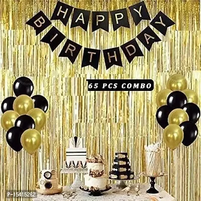 PARTY MIDLINKERZ Solid 50 Gold  Black Metallic Balloons,1 Paper Happy Birthday Banner With 2 Pcs Golden FringeShiny Curtains Balloons(Pack Of 65) Letter Balloon (Black, Gold, Pack of 65)