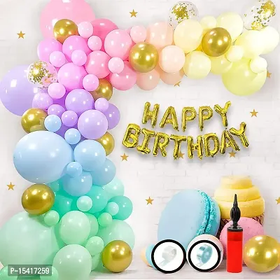 PARTY MIDLINKERZ 70 pc Blue Yellow Purple Green Pink Orange Pastel Balloons with Foil Birthday Confetti Balloons Glue Dot and Arch Roll Birthday Decoration Items-thumb0