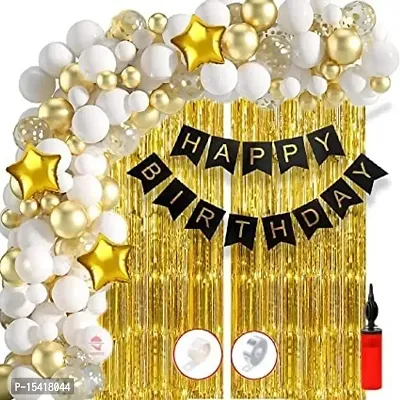 PARTY MIDLINKERZ 61Pcs White Golden Metallic Birthday balloons for Boys,Girls Decoration, Golden Foil Curtain with Balloon Pump, Glue Dot, Arc, Black Happy Birthday Banner