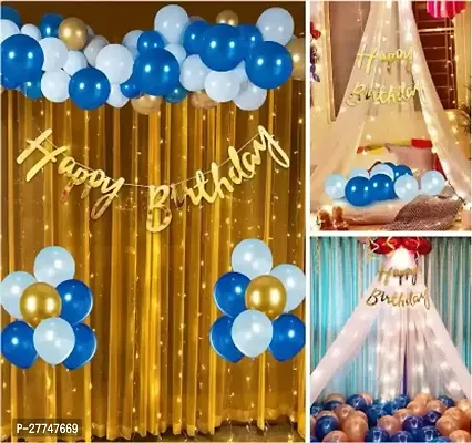 Net Happy Birthday Decoration Kit Combo - 49 Pcs With Led Light And Net Curtain