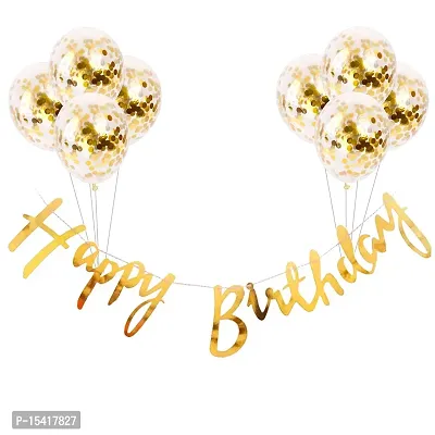 PARTY MIDLINKERZ Rubber Happy Birthday Banner With Golden Confetti Balloons For Decoration - 9 Items Combo Set For Husband Wife Birthday Decorations Items/Golden Balloons For Birthday Theme Parties