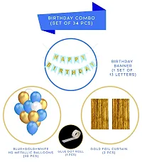 Party Midlinkerz Solid Happy Birthday Balloons Decoration Kit (Happy Birthday Banner, 1 Set of 13 Letters) (Foil Curtains, 2 Pcs, Golden) (HD Metallic Balloons, 30 Pcs, Blue, White  Gold) (Glue Dot Roll, 1 Pcs, White) (Multicolor, Combo, Pack of 34)-thumb1