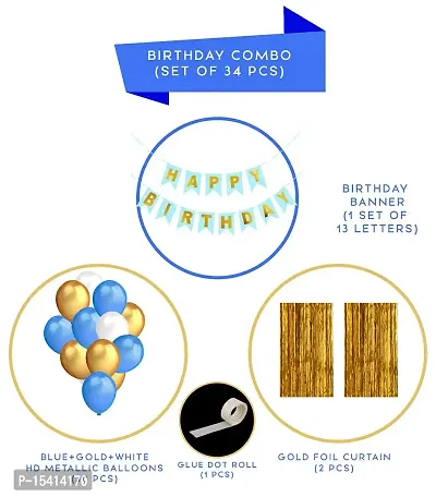Party Midlinkerz Solid Happy Birthday Balloons Decoration Kit (Happy Birthday Banner, 1 Set of 13 Letters) (Foil Curtains, 2 Pcs, Golden) (HD Metallic Balloons, 30 Pcs, Blue, White  Gold) (Glue Dot Roll, 1 Pcs, White) (Multicolor, Combo, Pack of 34)-thumb2