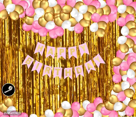 Party Midlinkerz Solid Happy Birthday Balloons Decoration Kit (Happy Birthday Banner, 1 Set of 13 Letters, Pink) (Foil Curtains - 2 Pieces, Golden) (HD Metallic Balloons - 30 Pieces, Pink, White  Gold) (Glue Dot Roll - 1 Piece, White) Combo (Pack of 34)