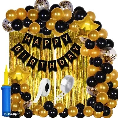 PARTY MIDLINKERZ Happy Birthday Decoration Items For Husband Kit Combo Set - 61Pcs Birthday Banner Golden Foil Curtain Metallic Rubber Confetti  Star Balloons With Balloon Pump  Glue Dot-thumb0