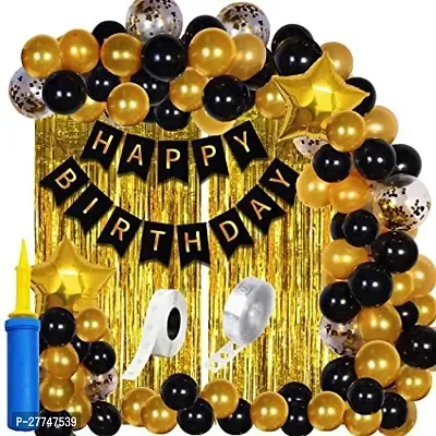 Gold And Black Theme Birthday Decoration Kit With Foil Fringe Curtains, Balloons, And Happy Birthday Banner