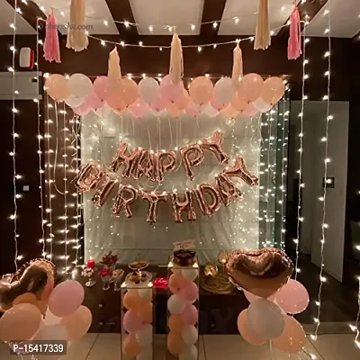 Ultimate Pastel Ro Gold Happy Birthday Decoration Set 119 Pcs Kit Rose Gold Happy Birthday Pastel Metallic Rubber Balloons Heart Shape Balloons Tassels Pump Led Lights