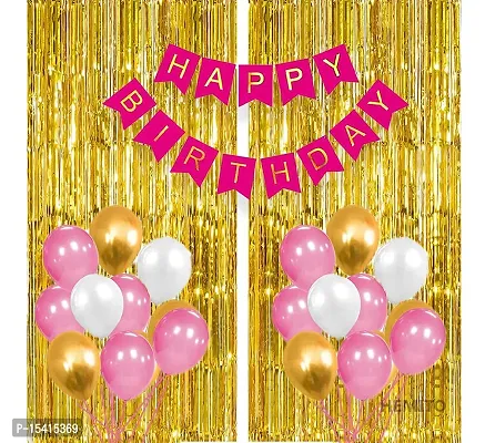 PARTY MIDLINKERZ 33Pcs PinkGolden and White Birthday Balloons Combo for Kids Or Birthday Decoration Items for Girlswith Pink banner 30 metallic balloons and Gold curtains (Set of 33). material Paper