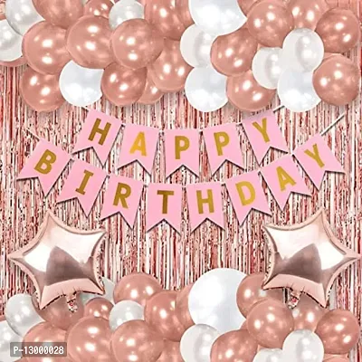 PARTY MIDLINKERZ Rose Gold Birthday Decoration Set for Birthday Decorations Party, Birthday Celebration Kit, Set for Girls Women Mom - Balloons, Banner, Foil Curtain, Foil Balloon - 49Pcs Girls Kits