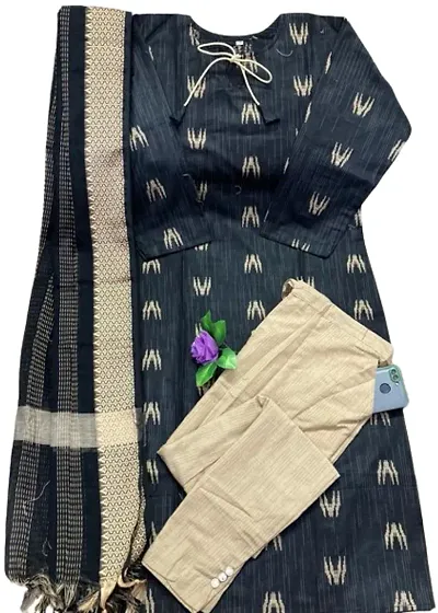 Stylish A-Line Self Pattern Cotton Kurta With Bottom And Dupatta Set