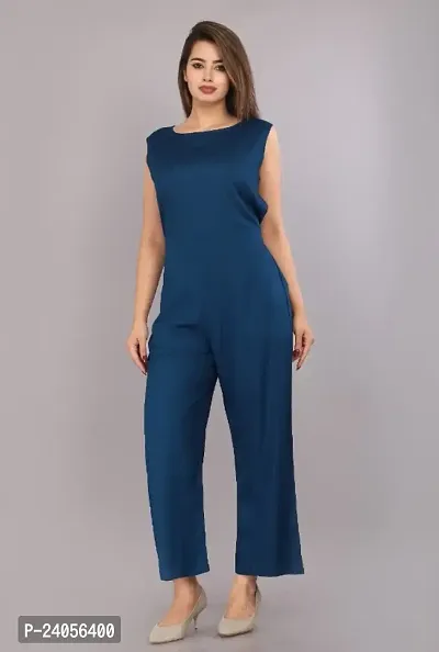 Women Rayon Round Neck Sleeveless Wide Leg Solid Jumpsuit (Blue)