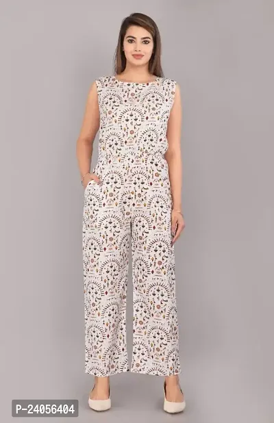 Women Cotton Round Neck Sleeveless Wide Leg Printed Cotton Jumpsuit with Pockets