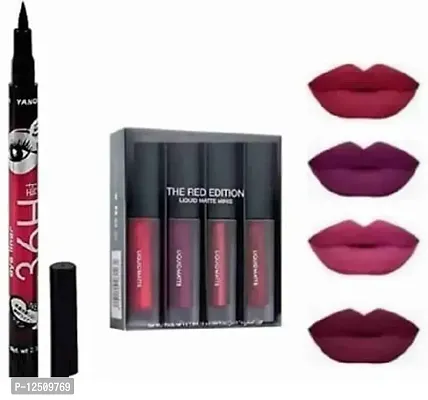 A CRUSH Mini Beauty Lipsticks Combo Pack of 4 Liquid Lipstick + 36 H yanqina black eyeliner-thumb0