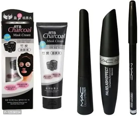 Combo 3 In 1, Eyeliner, Mascara, Eyebrow Pencil, and Charcoal Mask 120 Gm (4 Items In The Set)