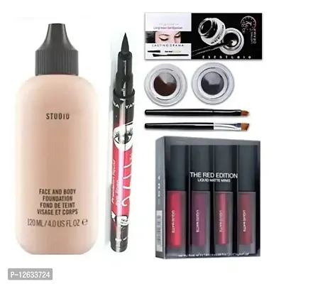 hot beauty combo of 2in1 gel eyeliner black and brown,face and body foundation sketch eyeliner and 4 in 1 lipstick