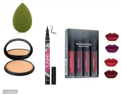 SHEFFO HOT BEAUTY COMBO OF 4 IN 1 LIPSTICK 36H YANQUINA  EYELINER ONE WAY COMPACT  HUDA SINGLE PUFF