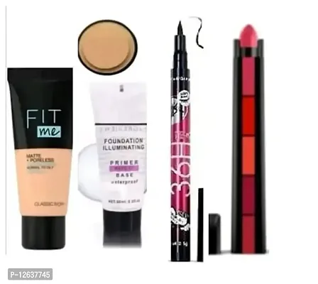 FIT ME FOUNDATION + MAKEUP PRIMER BASE + 36H EYELINER + 5 IN 1 LIPSTICKS + COMPACT POWDER SET OF 5 ITEMS