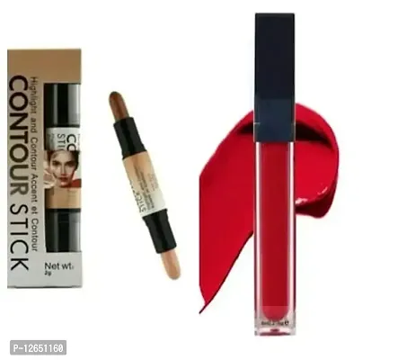 SHEFFO MAKEUP 3D BALM 2 IN 1 FOUNDATION CONCEALER PEN HIGHLIGHTER STICK LONG LASTING DARK CIRCLES CORRECTOR CONTOUR PACK OF 1 WITH RED EDITION LIPSTICK IN RED COLOR