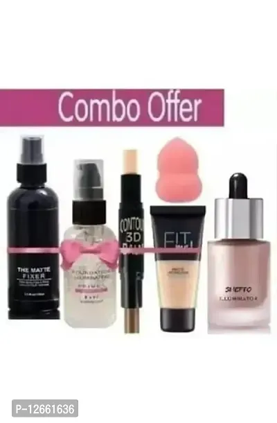 SHEFFO FACE MAKEUP COMBO OF FIXER + PRIMER + PUFF + CONTOUR STICK + ICONIC HIGHLIGHTER+ FOUNDATION