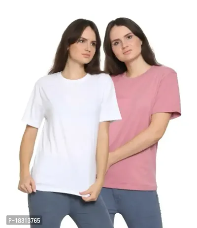 YouthPoi Women's Cotton Round Neck Half Sleeve Casual Regular Fit Tshirt (S, White  Pink) (Pack of 2)-thumb0