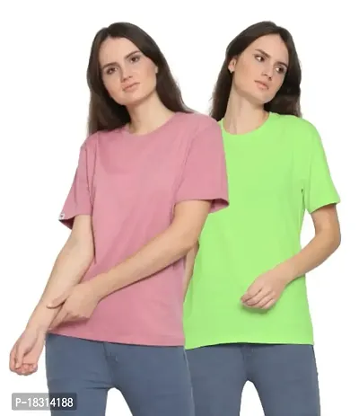 YouthPoi Women's Cotton Round Neck Half Sleeve Casual Regular Fit Tshirt (M, Pink  Neon Green) (Pack of 2)-thumb0