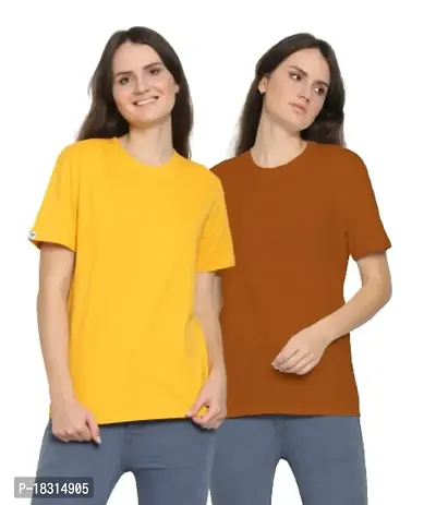 YouthPoi Women's Cotton Round Neck Half Sleeve Casual Regular Fit Tshirt (L, Yellow  Rust Brown) (Pack of 2)-thumb0