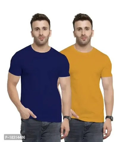 YouthPoi Men's Cotton Round Neck Half Sleeve Casual Regular Fit Tshirt (S, Navy Blue  Yellow) (Pack of 2)-thumb0