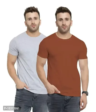 YouthPoi Men's Cotton Round Neck Half Sleeve Casual Regular Fit Tshirt (L, Grey  Brown) (Pack of 2)-thumb0