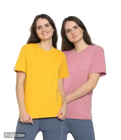 YouthPoi Women's Cotton Round Neck Half Sleeve Casual Regular Fit Tshirt (S, Yellow  Pink) (Pack of 2)-thumb0