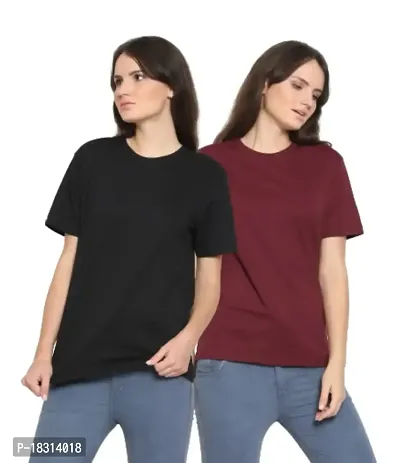 YouthPoi Women's Cotton Round Neck Half Sleeve Casual Regular Fit Tshirt (XXL, Black  Maroon) (Pack of 2)