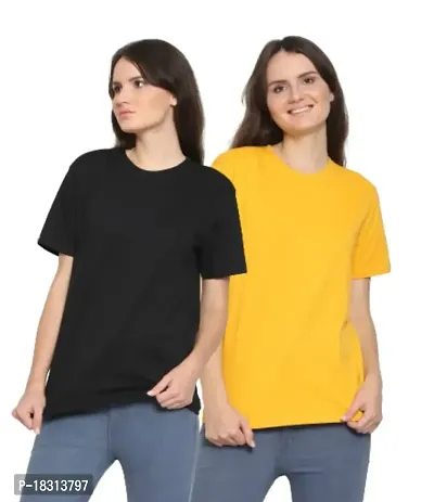 YouthPoi Women's Cotton Round Neck Half Sleeve Casual Regular Fit Tshirt (L, Black  Yellow) (Pack of 2)