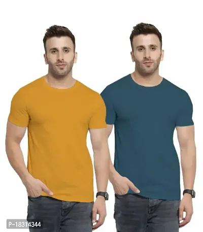 YouthPoi Men's Cotton Round Neck Half Sleeve Casual Regular Fit Tshirt (S, Yellow  Peacock Green) (Pack of 2)-thumb0