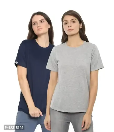 YouthPoi Women's Cotton Round Neck Half Sleeve Casual Regular Fit Tshirt (M, Grey  Navy Blue) (Pack of 2)