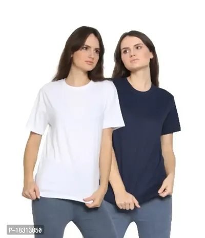 YouthPoi Women's Cotton Round Neck Half Sleeve Casual Regular Fit Tshirt (XXL, White  Navyblue) (Pack of 2)