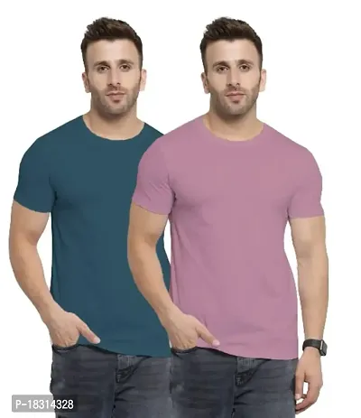 YouthPoi Men's Cotton Round Neck Half Sleeve Casual Regular Fit Tshirt (M, Peacock Green  Pink) (Pack of 2)-thumb0