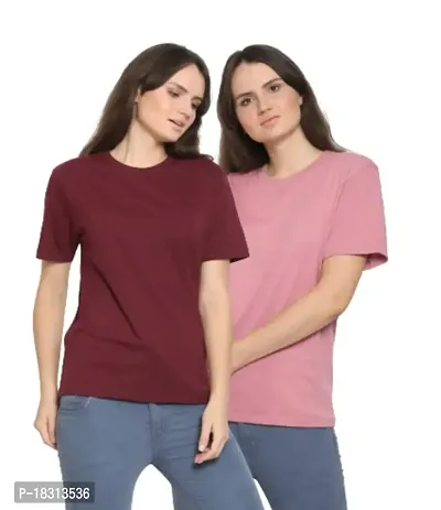 YouthPoi Women's Cotton Round Neck Half Sleeve Casual Regular Fit Tshirt (L, Maroon  Pink) (Pack of 2)-thumb0