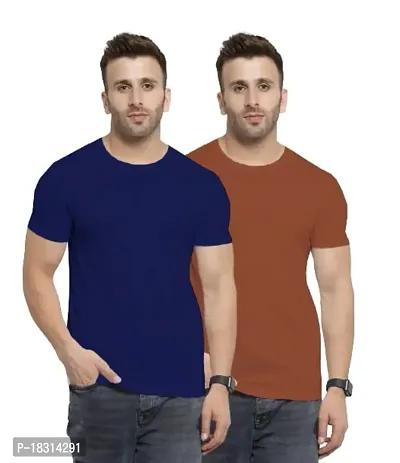 YouthPoi Men's Cotton Round Neck Half Sleeve Casual Regular Fit Tshirt (XL, Navy Blue  Brown) (Pack of 2)-thumb0