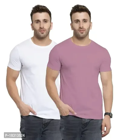 YouthPoi Men's Cotton Round Neck Half Sleeve Casual Regular Fit Tshirt (M, White  Pink) (Pack of 2)-thumb0